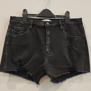 KanCan Black High-Waisted Jean Shorts with Frayed Hem